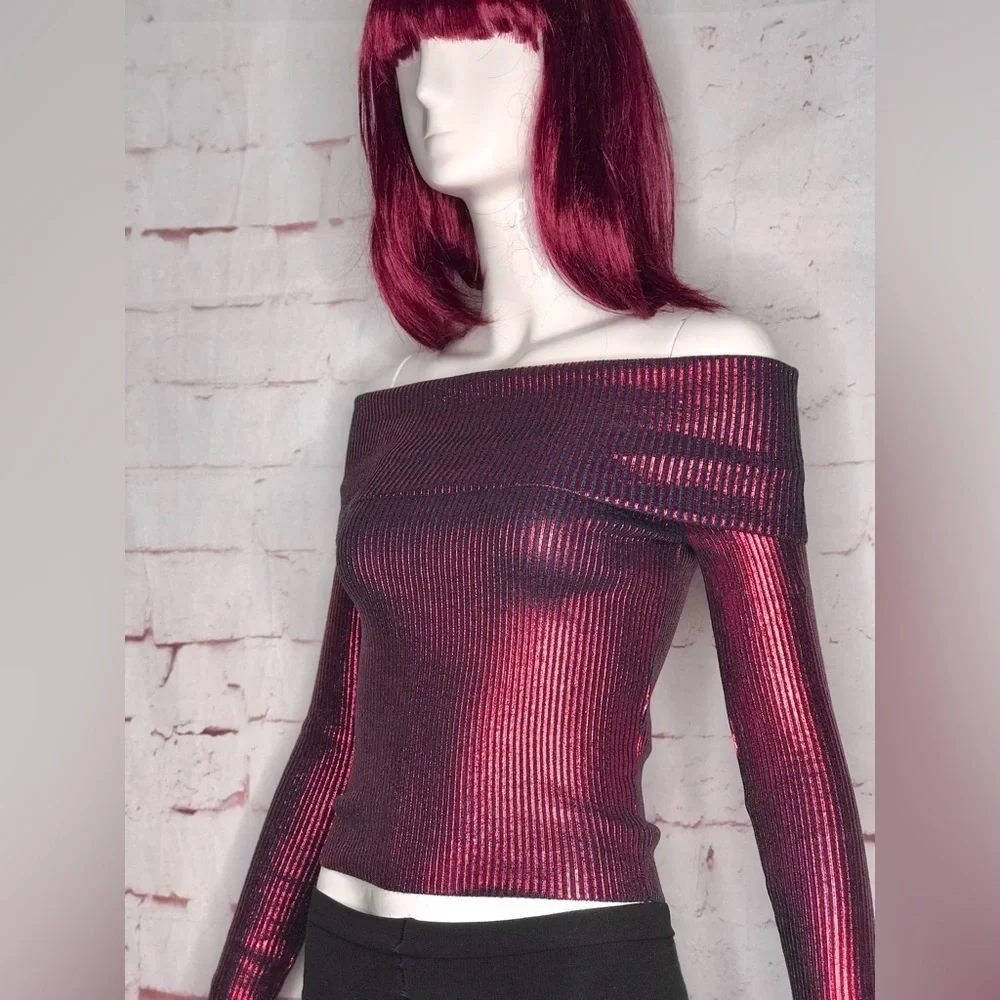 NEW ZARA XS Off the Shoulder Red Metallic Knit Foil Stretch Top NEW WITH TAG - Picture 12 of 15